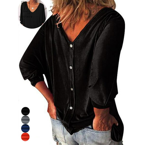 Mens 3/4 Sleeve Casual Loose Fit Notch Neck Solid Autumn Shirt 